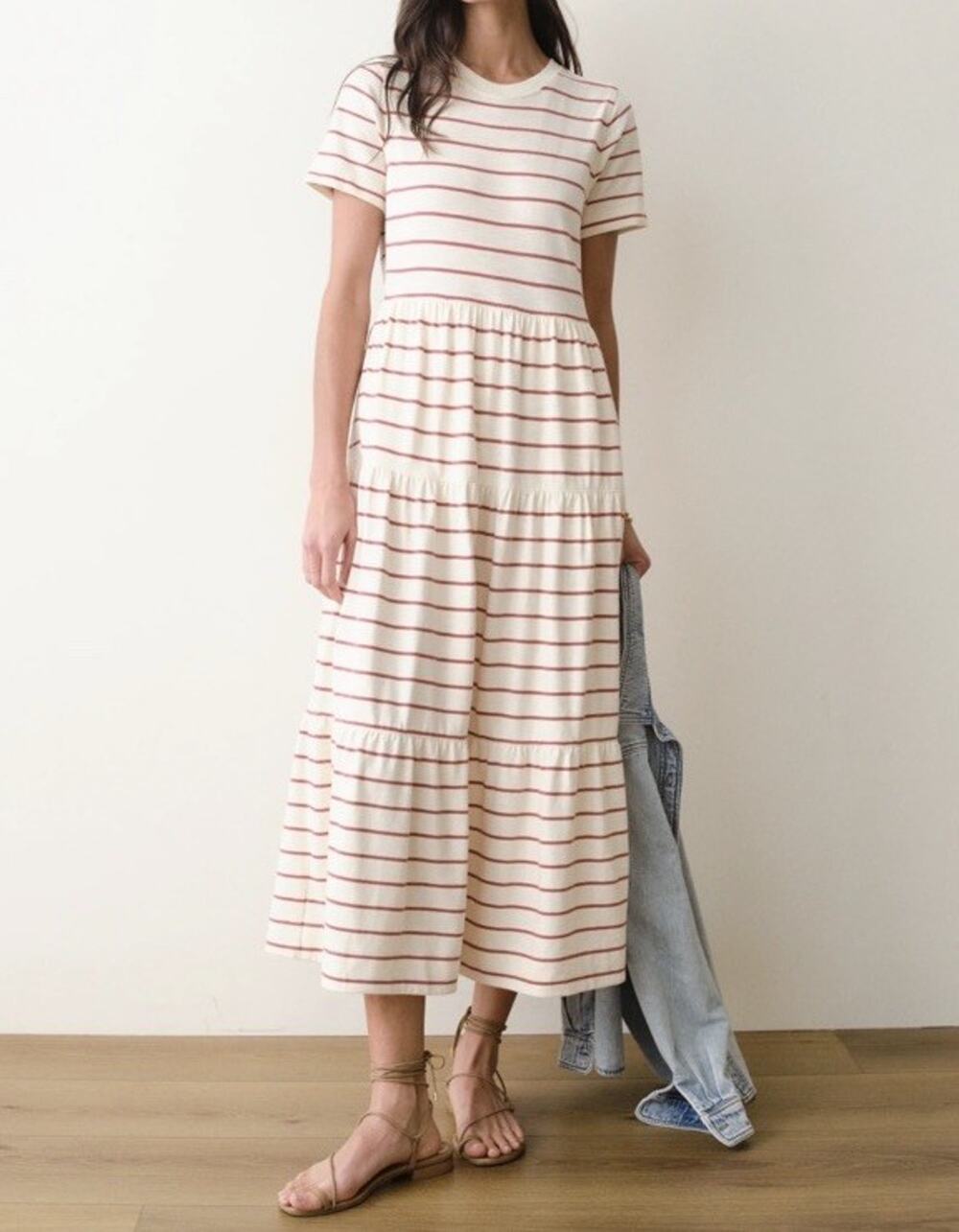 Marine Layer Luxe Striped Tiered Midi Dress Pockets Cream Red Sz Large